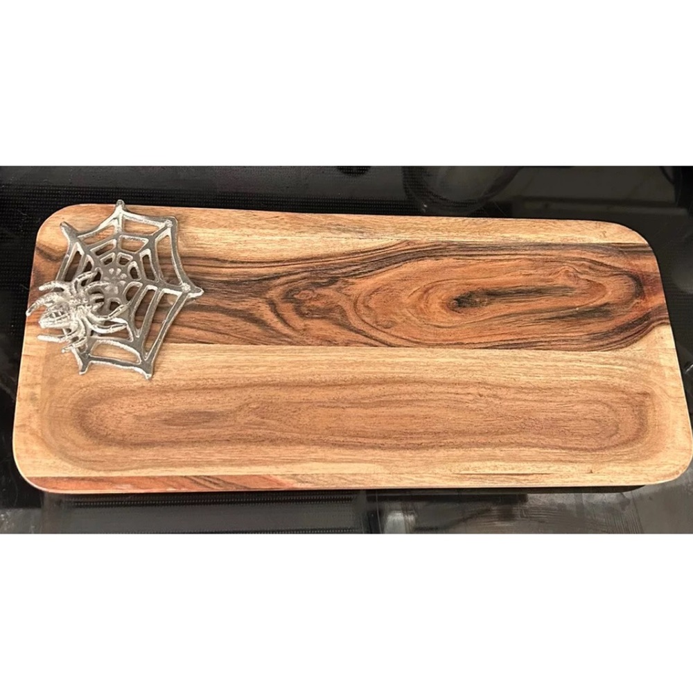 Wooden Halloween Serving Platter with Silver Spider in Web 14.75” x 6.5”